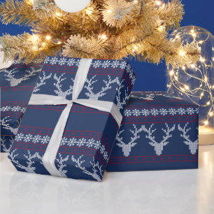 Elegant Traditional Holiday Knit Blue  Wrapping Paper