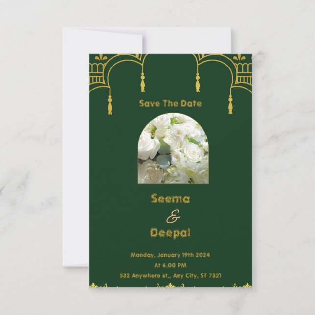 Elegant Traditional Indian Wedding in Green and Go RSVP Card (Front)