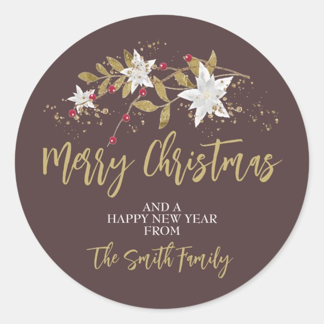 Elegant Traditional Poinsettia Merry Christmas Classic Round Sticker (Front)