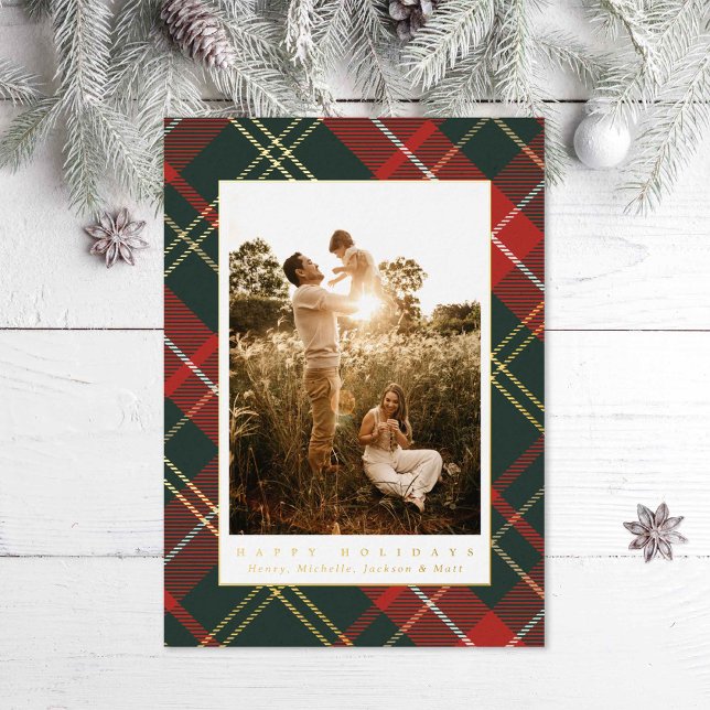 Elegant Traditional Red and Green Plaid Photo Foil Holiday Card (Creator Uploaded)