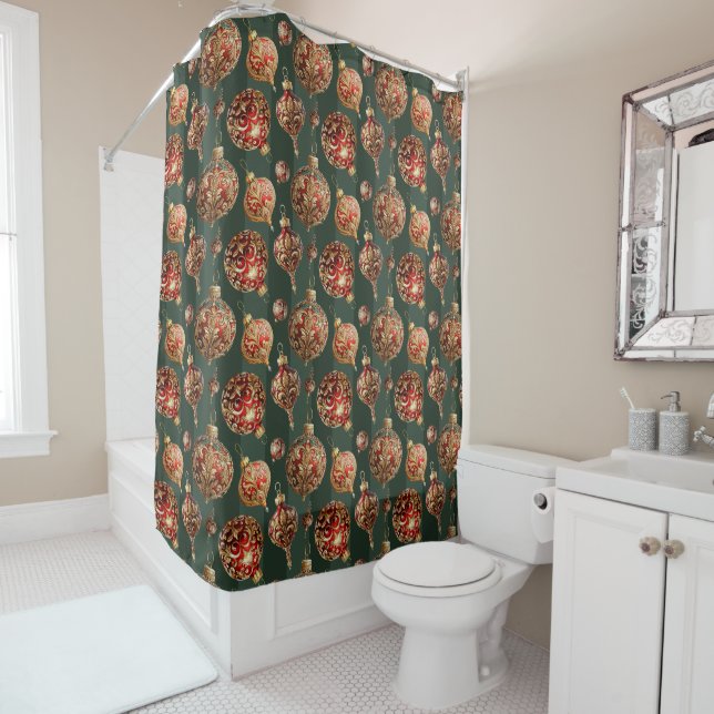 Elegant Traditional Red & Gold Christmas Baubles Shower Curtain (In Situ)