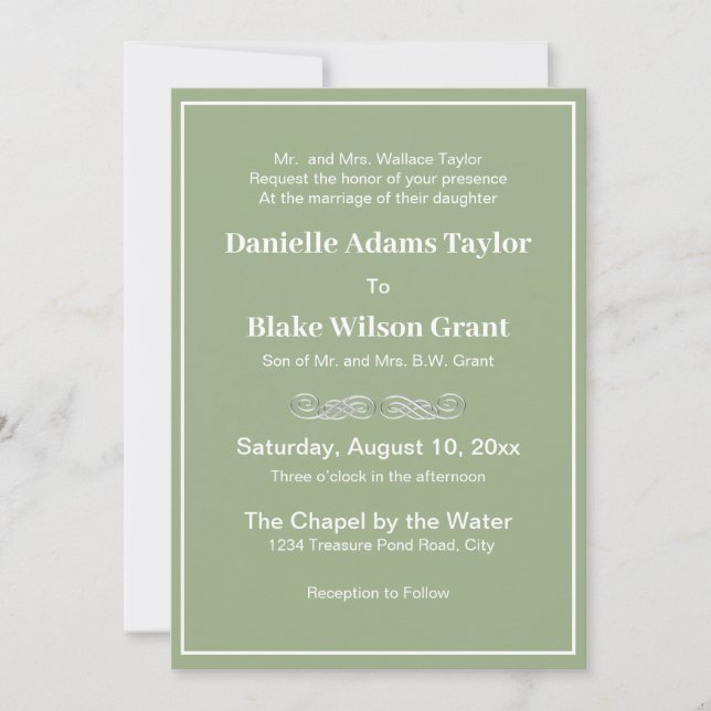 Elegant Traditional Words Sage Green White Wedding Invitation (Front)