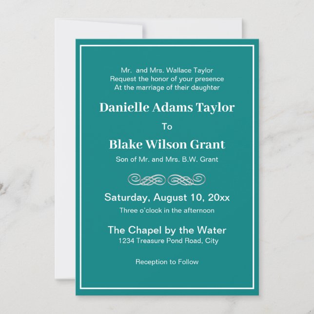 Elegant Traditional Words White Deep Teal Wedding Invitation (Front)