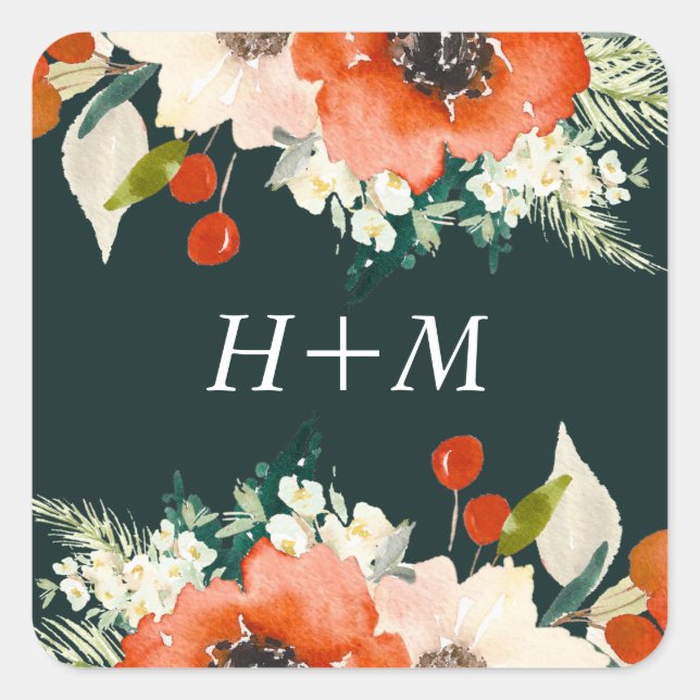 Elegant Traditions Watercolor Floral with Monogram Square Sticker (Front)