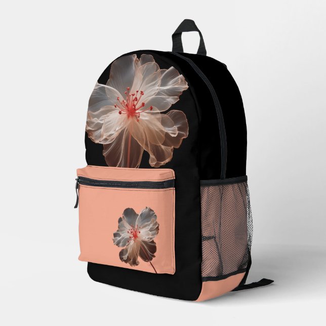 Elegant translucent flower on black printed backpack (Back Corner Right)