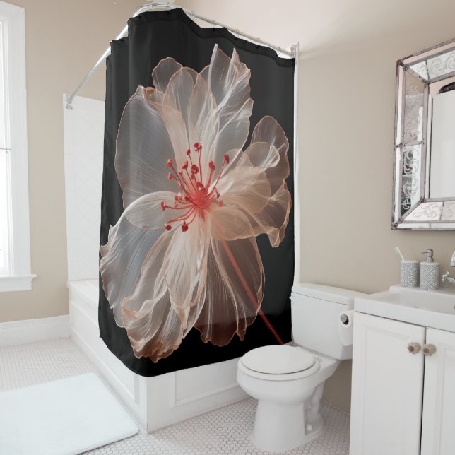Elegant translucent flower on black shower curtain (In Situ)