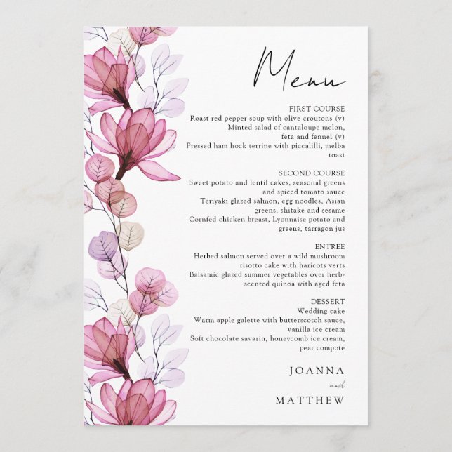 Elegant Transparent Dusty Rose Floral Wedding Menu (Front)
