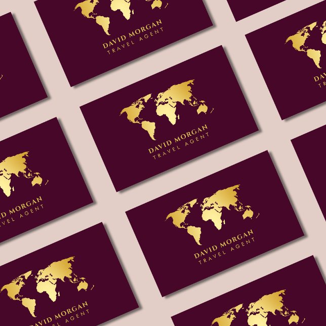 Elegant Travel Agent World Map Burgundy And Gold Business Card (Creator Uploaded)