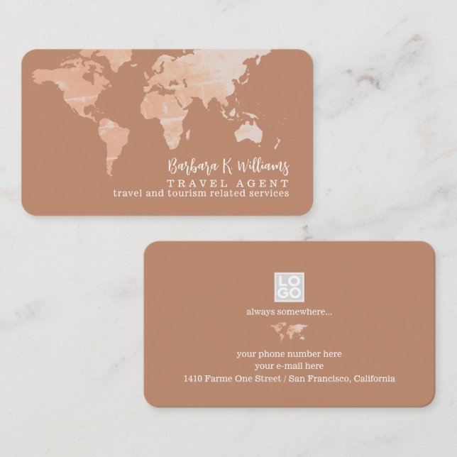 Elegant Travel Agent world map terracotta brown Business Card (Front/Back)