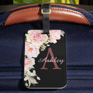 Elegant Travel Monogrammed Pink Watercolor Roses Luggage Tag