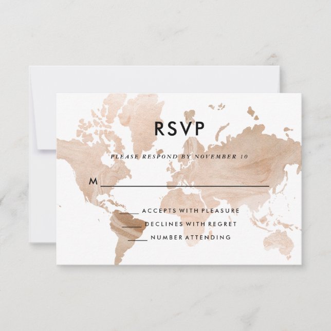 Elegant Travel Theme Wedding | Faux Gold Map RSVP Card (Front)