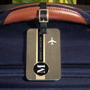Elegant Traveller Gold Metal & Leather Monogramme Luggage Tag