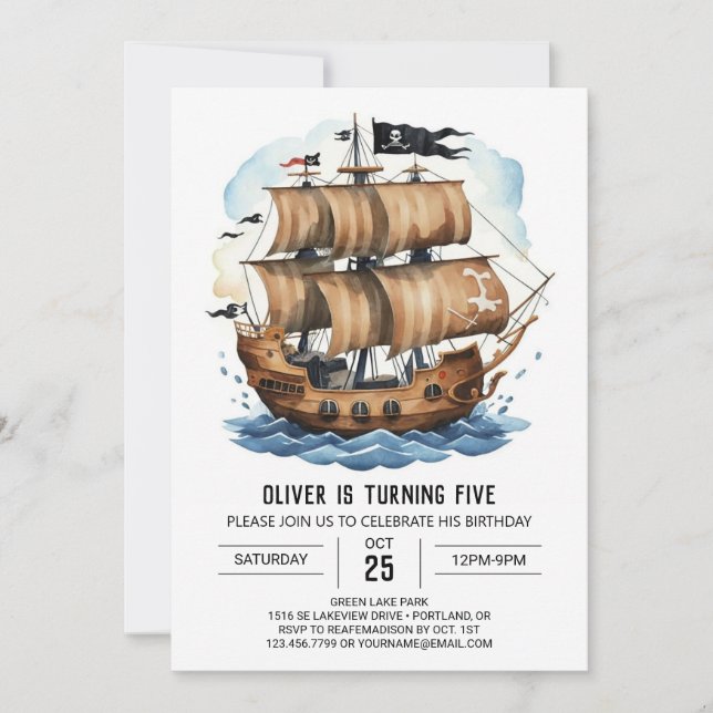 Elegant Treasure Map Boat Pirate Birthday Invitation (Front)