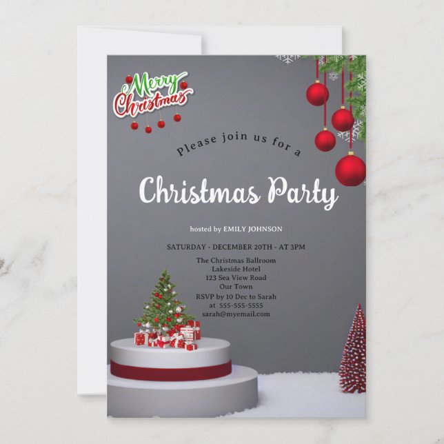Elegant tree baubles and background grey Christmas Invitation (Front)
