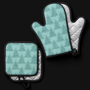 Elegant Tree Pattern Luxe Aqua Mint Christmas Oven Mitt & Pot Holder Set