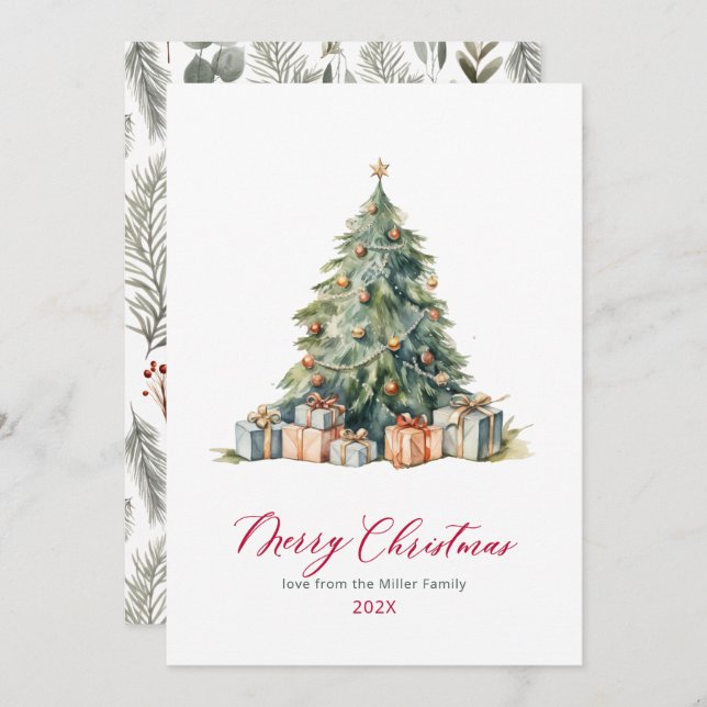 Elegant Tree Red Script Non Photo Christmas Cards (Front/Back)