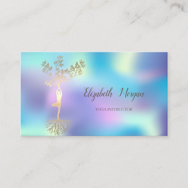 Elegant Tree Silhouette,Blue Holographic Yoga Business Card (Front)