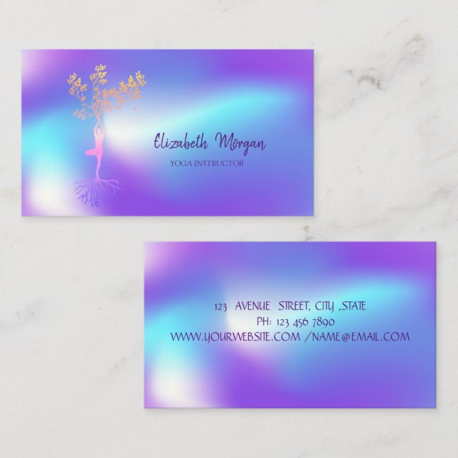Elegant Tree Silhouette,Ombre Holographic Yoga Business Card (Front/Back)