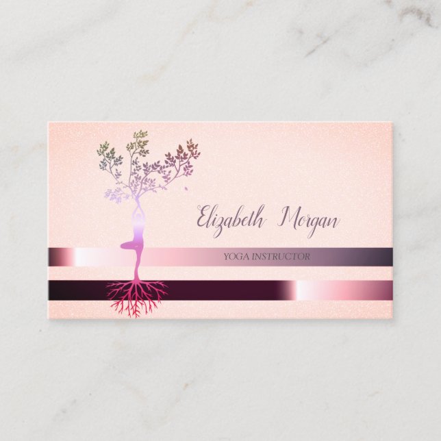 Elegant Tree Silhouette, Stripes, Yoga Business Card (Front)
