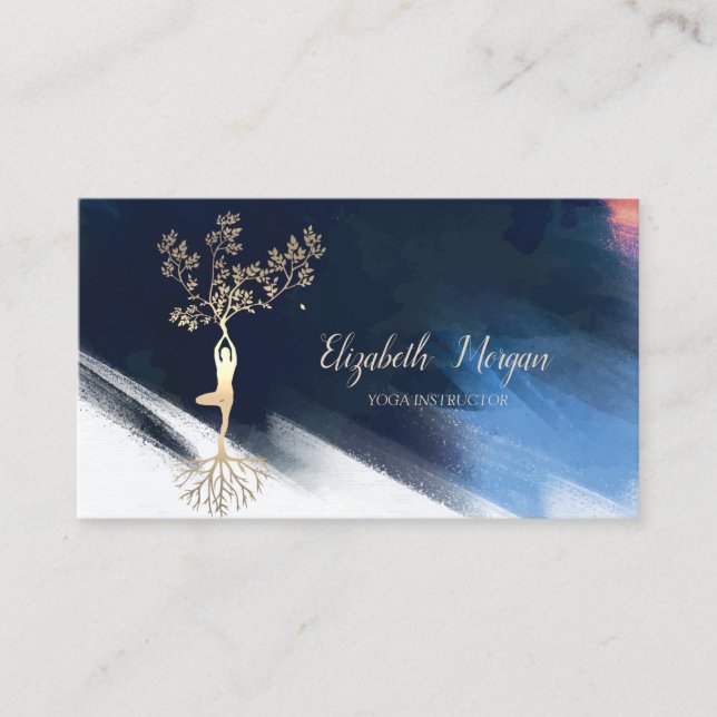 Elegant Tree Silhouette, Yoga Brush Stroke Business Card (Front)