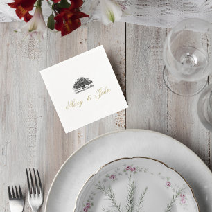 Elegant Tree Sketch Wedding Cocktail Napkin