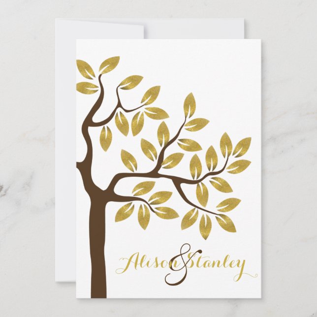 Elegant tree with gold foil leaves modern wedding invitation (Front)
