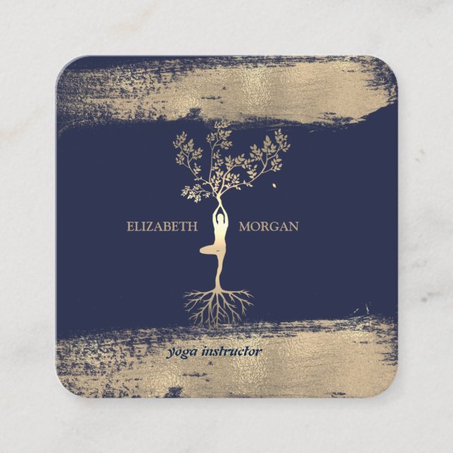 Elegant Tree Women Silhouet Faux Gold Brush Stroke Square Business Card (Front)