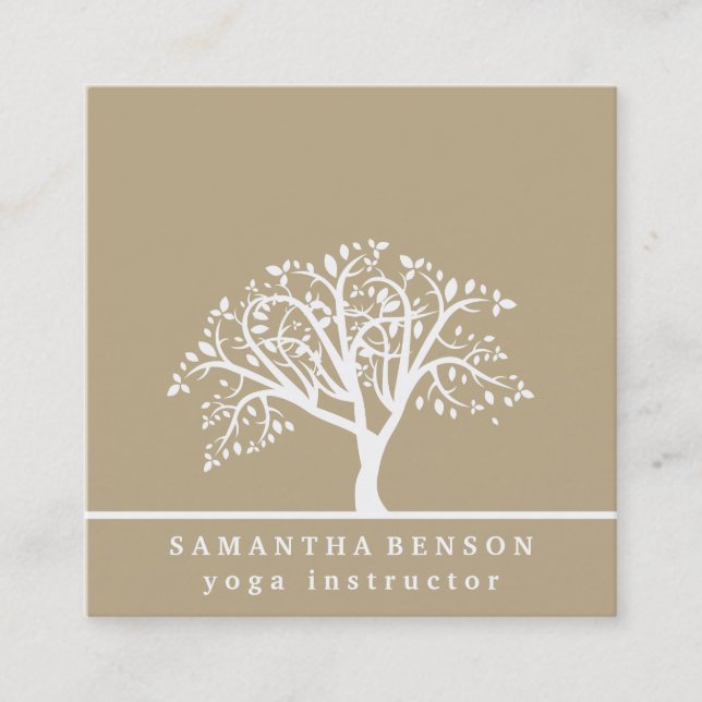 Elegant Tree Yoga Instructor Wellness Life Coach Square Business Card (Front)