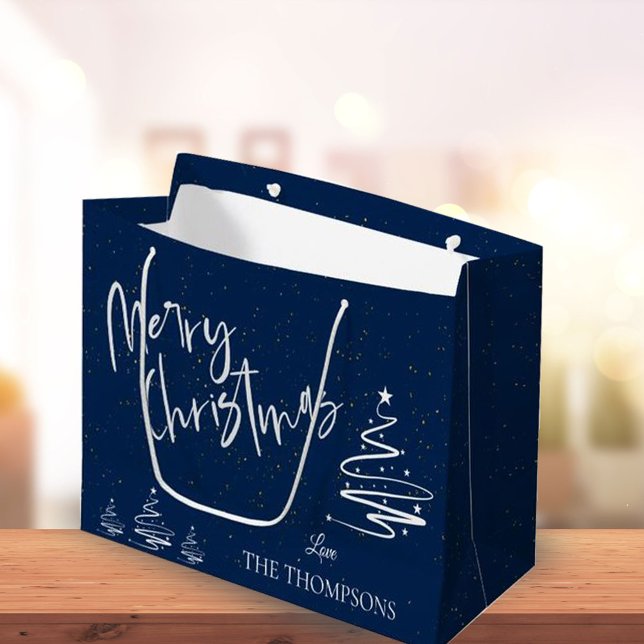 Elegant Trendy Abstract Tree Blue Merry Christmas Large Gift Bag (Creator Uploaded)