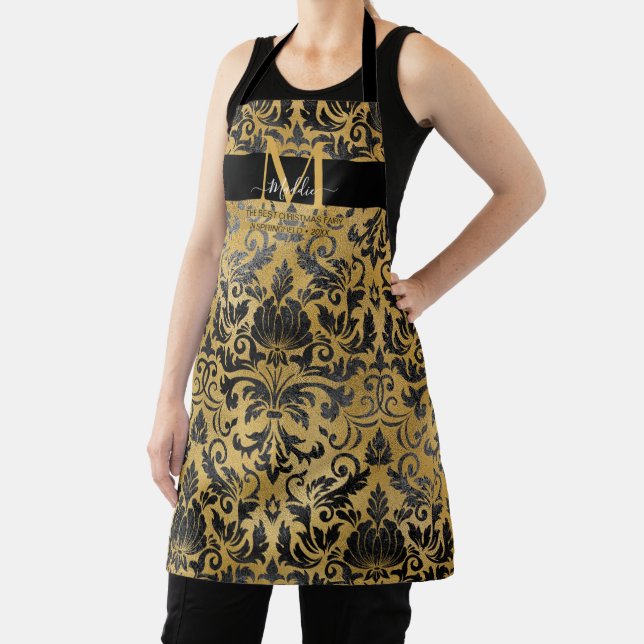 Elegant trendy Black and Gold glam custom Monogram Apron (Insitu)
