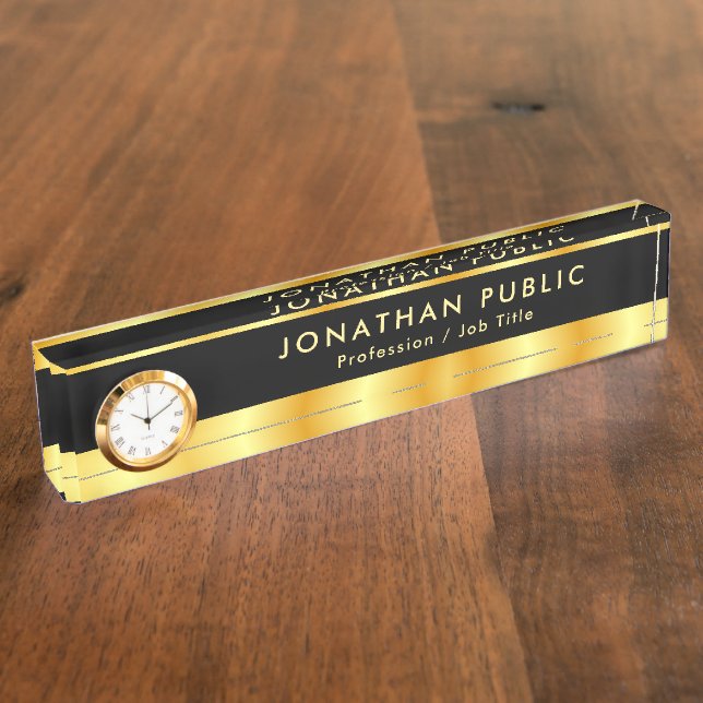 Elegant Trendy Black And Gold Name Text Template Nameplate (Side)