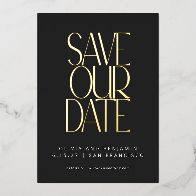 Elegant Trendy Black Gold Save the Date Foil (Front)