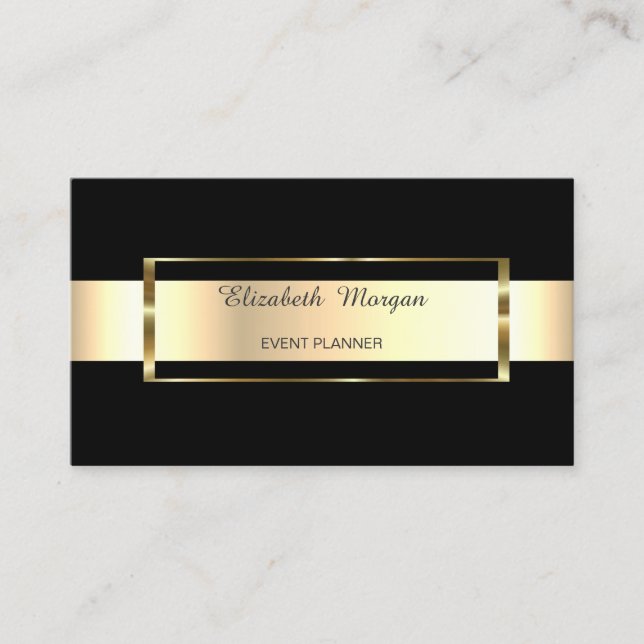 Elegant Trendy Black  Stripe Gold Frame Business Card (Front)