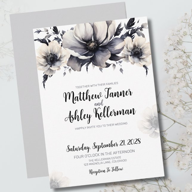 Elegant Trendy Black White Floral Wedding Invitation (Trendy Black White Floral Elegant Wedding Invitation)