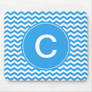 elegant, trendy, bright sky blue chevron monogram mouse mat
