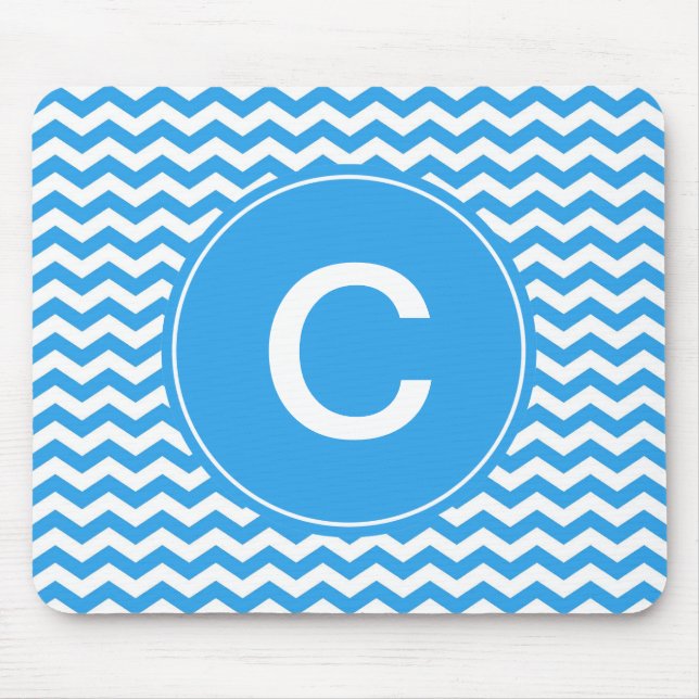 elegant, trendy, bright sky blue chevron monogram mouse mat (Front)