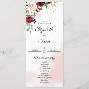 Elegant trendy burgundy deep red gold pink wedding programme