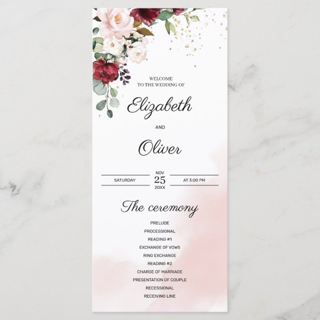 Elegant trendy burgundy deep red gold pink wedding programme (Front)