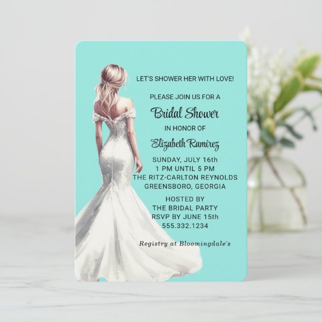 Elegant Trendy Chic Turquoise Bridal Shower Invitation (Standing Front)