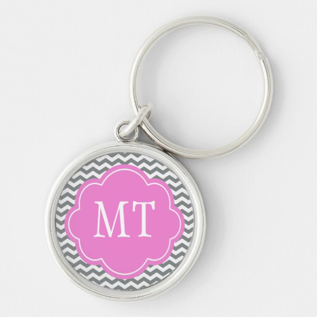 Elegant, trendy, classic gray chevron monogram key ring (Front)