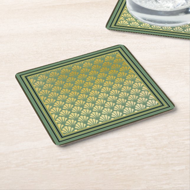 Elegant Trendy Emerald Art Deco Fan Pattern Party Square Paper Coaster (Angled)