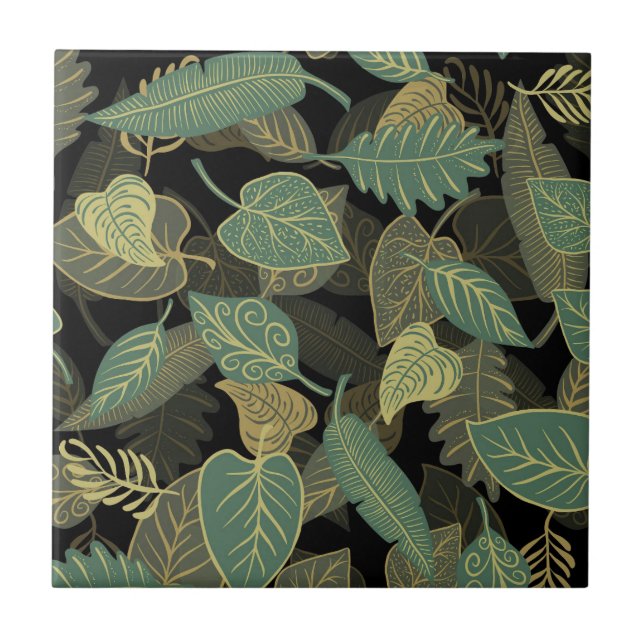 Elegant Trendy Fall Green Leaves Autumn Black Tile (Front)
