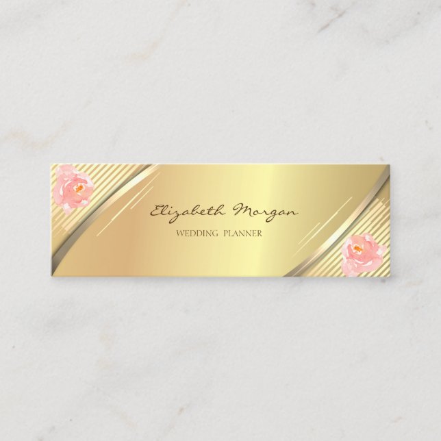 Elegant Trendy, Faux Gold Stripes, Roses Mini Business Card (Front)