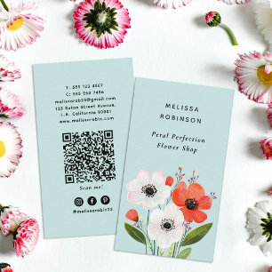 Elegant Trendy Flowers Florist Shop QR Code Green Business Card
