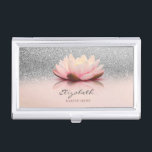 Elegant Trendy Girly, Lotus Silver Glitter Bokeh Business Card Holder<br><div class="desc">Beautiful lotus on silver glitter bokeh background. An elegant and sophisticated designe. The perfect cool gift idea for her on any occasion.</div>