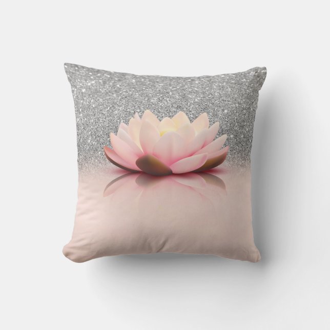 Elegant Trendy Girly, Lotus Silver Glitter Bokeh Cushion (Front)
