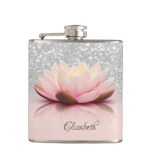 Elegant Trendy Girly, Lotus Silver Glitter Bokeh Hip Flask