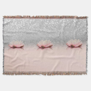 Elegant Trendy Girly, Lotus Silver Glitter Bokeh Throw Blanket