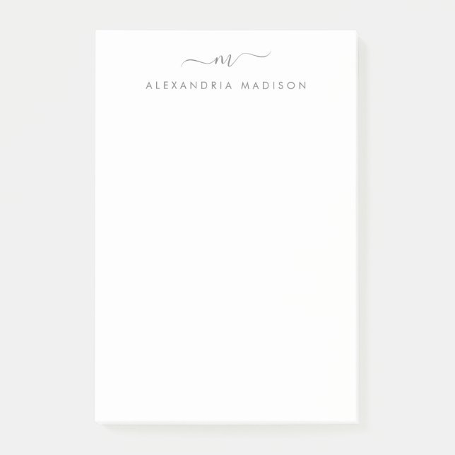 Elegant Trendy Girly Script Silver Grey Monogram Post-it Notes (Front)