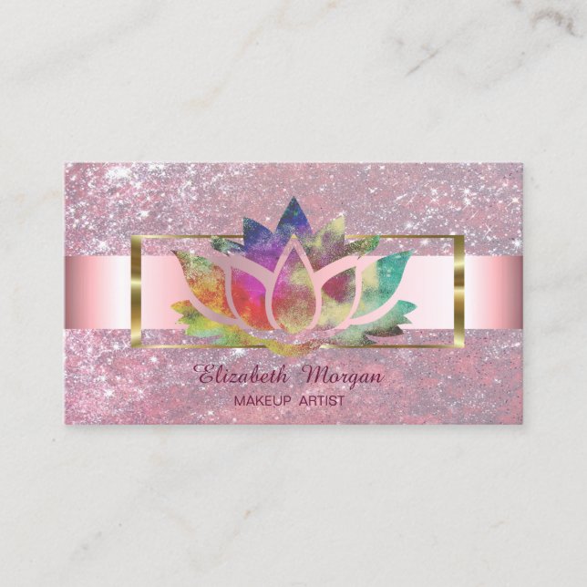 Elegant Trendy Glitter Stripe Gold Frame Lotus Business Card (Front)